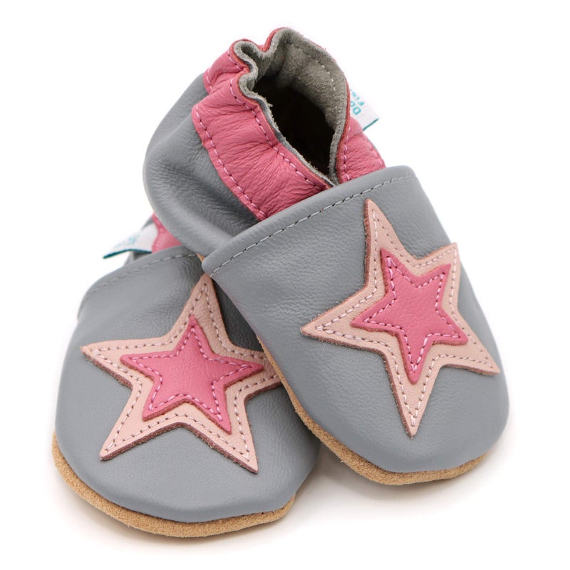 Dotty Fish Soft Leather Infant Shoes Girls pre-Walkers. Grey with Pink Star. 12-18 Months - Image 4